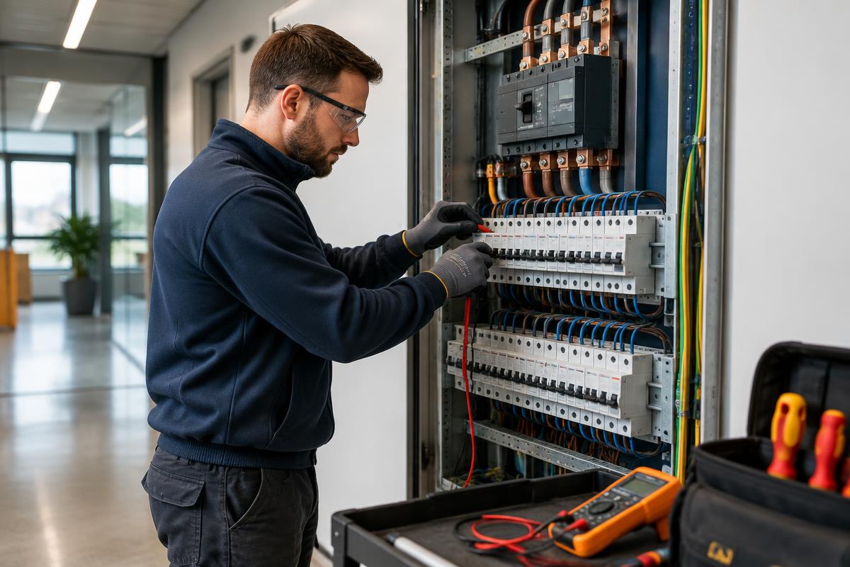 Electrician working on a commercial three-phase distribution board